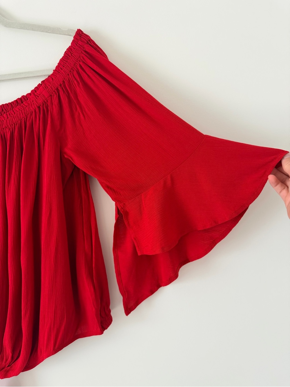 Express Red Off-the-Shoulder Tie-Hem Blouse - Picture 2 of 6